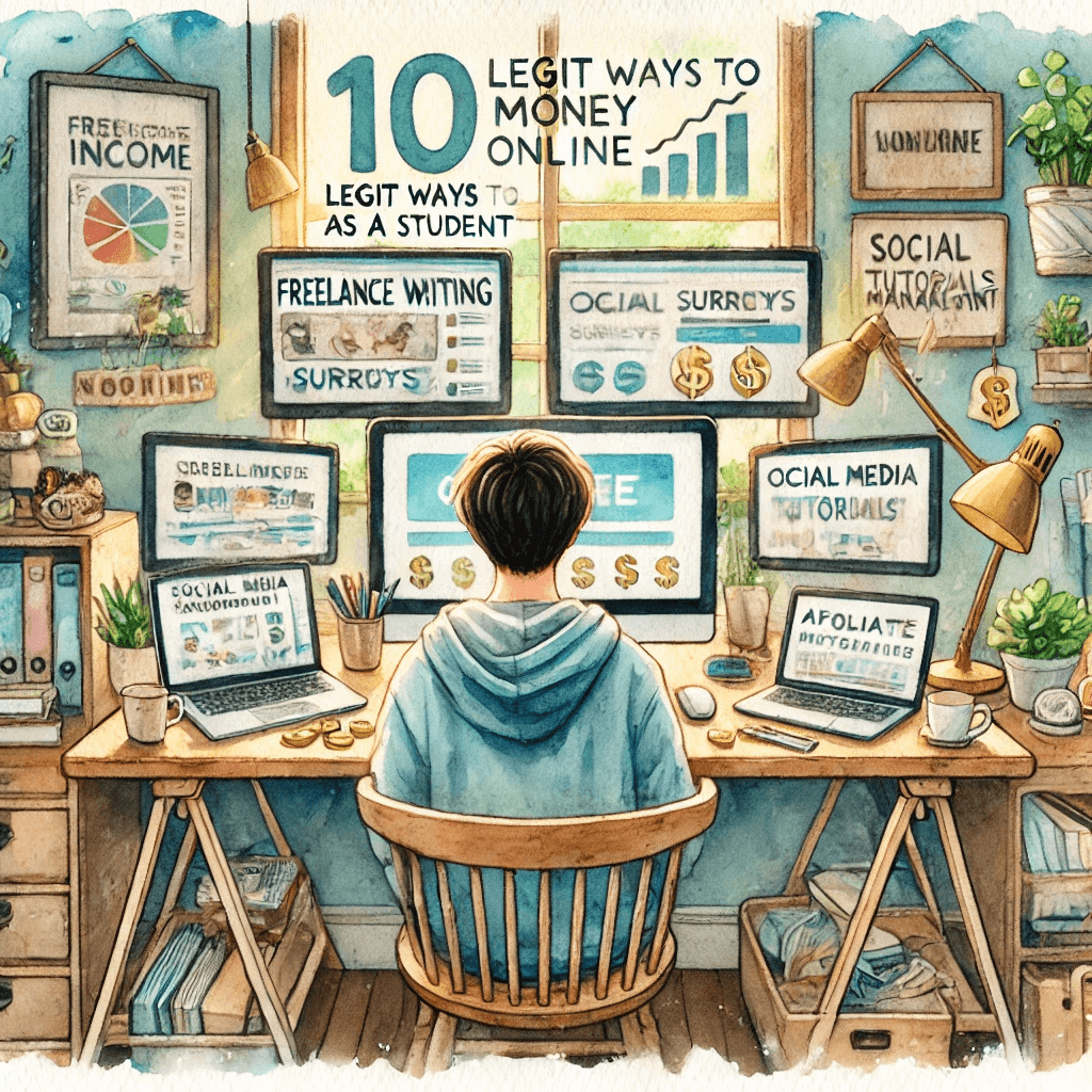 A watercolor painting designed for an article titled '10 Legit Ways to Make Money Online as a Student.' The scene shows a student sitting in a cozy room filled with five computer monitors on a large desk, each screen showing different online income activities such as freelance writing, online surveys, social media management, online tutorials, and affiliate marketing.