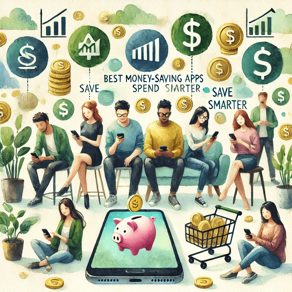 Best Money-Saving Apps 2025 Save More, Spend Smarter ✅ A watercolor-style illustration depicting a diverse group of people using smartphones to manage their finances. The scene shows three or four individuals of different ethnicities and genders, standing or sitting together in a cozy, modern setting.