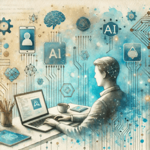 A creative watercolor painting for a topic titled 'Build and Monetize AI-Enhanced Apps or Software.' The scene shows a developer or entrepreneur working at a sleek desk with a laptop and digital tablet, surrounded by soft watercolor illustrations of app icons, code, and AI symbols like neural networks and circuit patterns.