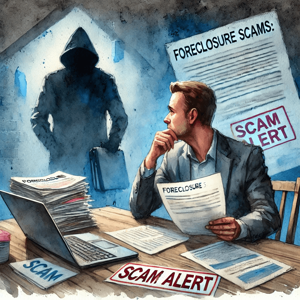 A watercolor painting designed for an article titled 'Foreclosure Scams: How to Protect Yourself from Fraudulent Offers.' The scene shows a worried homeowner reviewing suspicious documents at a table while a shadowy figure in the background represents a scammer.