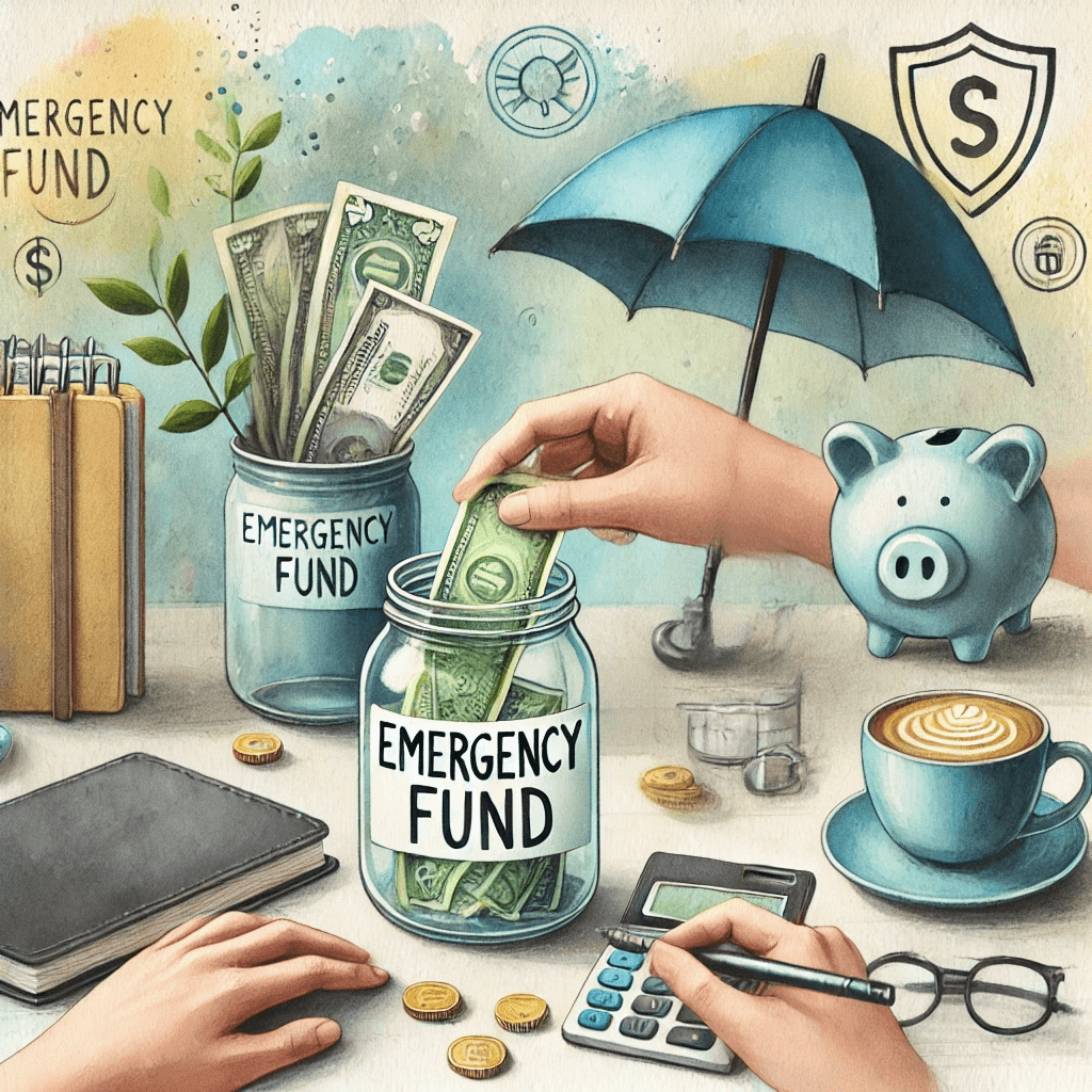 A watercolor painting designed for an article titled 'How to Build an Emergency Fund That Actually Works.' The scene shows a person placing money into a glass jar labeled 'Emergency Fund' on a cozy desk. Nearby are a notebook, calculator, and coffee cup, symbolizing planning and discipline.