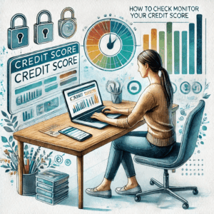 A detailed watercolor painting designed for an article titled 'How to Check and Monitor Your Credit Score.' The image shows a person sitting at a clean, modern desk, reviewing their credit score on a laptop and smartphone.