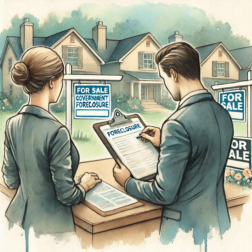 A watercolor painting designed as a featured image for an article titled 'How to Find Government-Backed Foreclosure