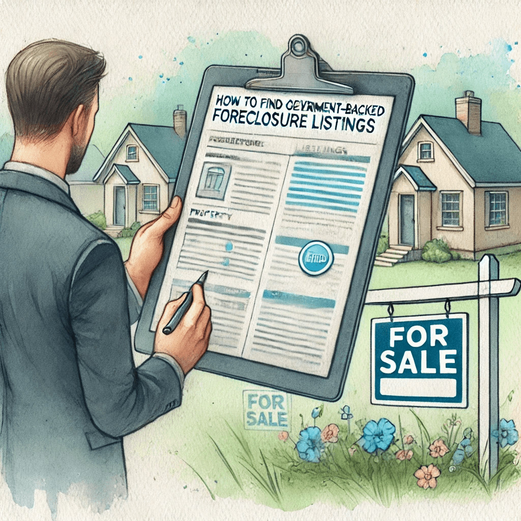 A watercolor painting designed as a featured image for an article titled 'How to Find Government-Backed Foreclosure Listings