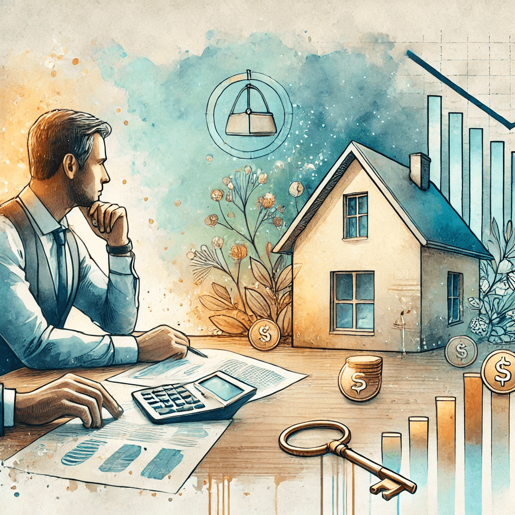 A creative watercolor painting for an article titled 'How to Leverage Home Equity to Avoid Foreclosure.' The scene shows a thoughtful homeowner sitting with a financial advisor at a table, reviewing home equity documents and charts. In the background, a watercolor-style house stands strong, symbolizing stability and hope.