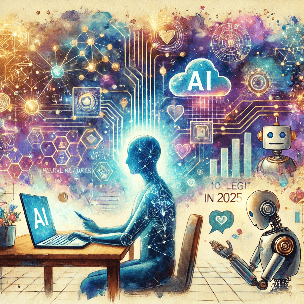 A high-quality, creative watercolor painting designed for an article titled 'How to Make Money with AI in 2025: 10 Legit Ways to Earn Online.' The scene shows a futuristic yet artistic workspace where a person is working on a laptop surrounded by soft watercolor illustrations of AI symbols — robots, neural networks, chat bubbles, and data charts.