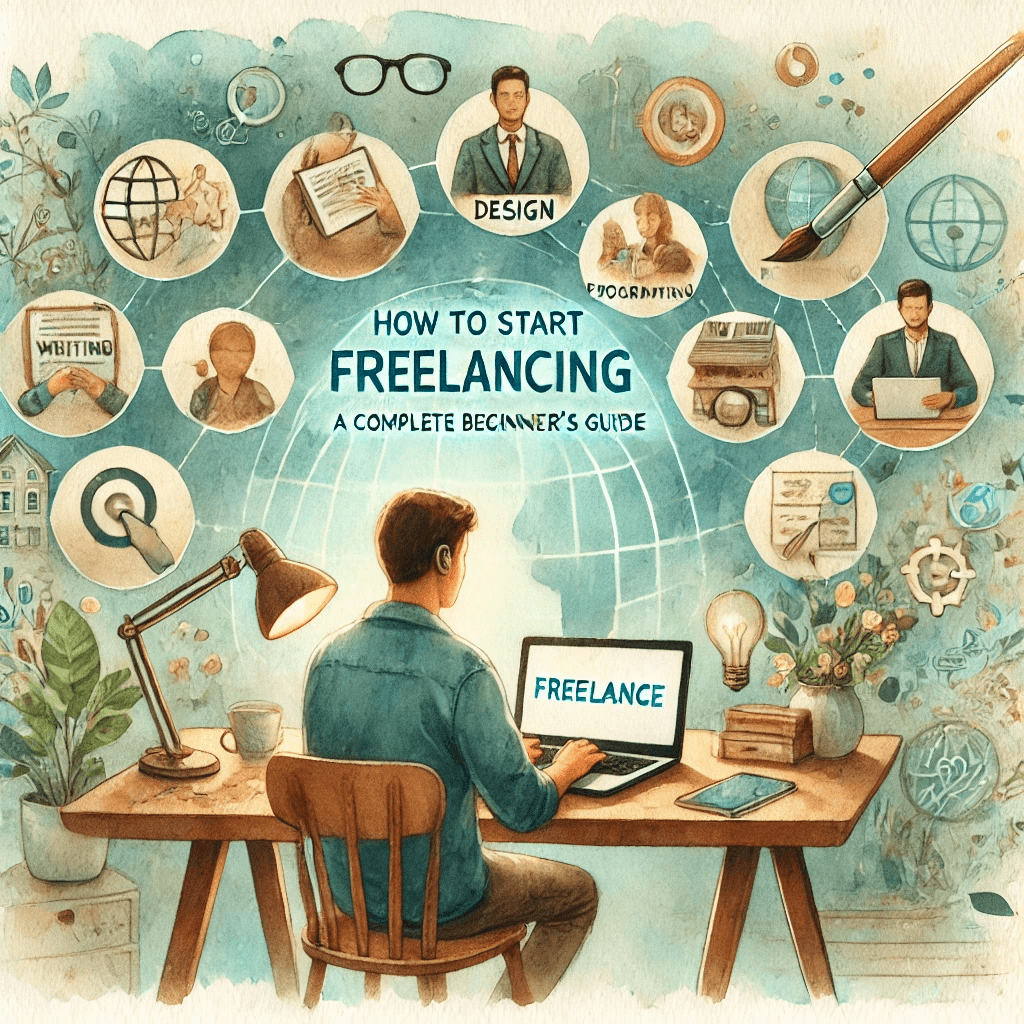 A watercolor painting for an article titled 'How to Start Freelancing in 2025: A Complete Beginner’s Guide.' The scene shows a new freelancer sitting at a cozy desk with a laptop, surrounded by watercolor symbols of different freelance skills like writing, design, programming, marketing, and virtual assistance.