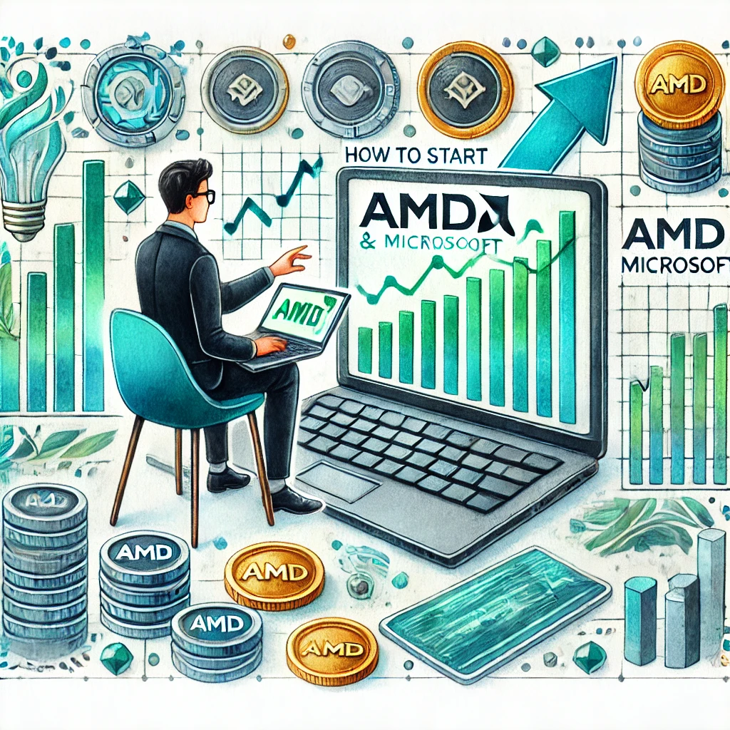 A watercolor painting designed for an article titled 'How to Start Micro Investing in Stocks Like AMD & Microsoft.' The scene shows a young investor sitting at a modern desk with a laptop displaying small stock investments and company charts for AMD and Microsoft.