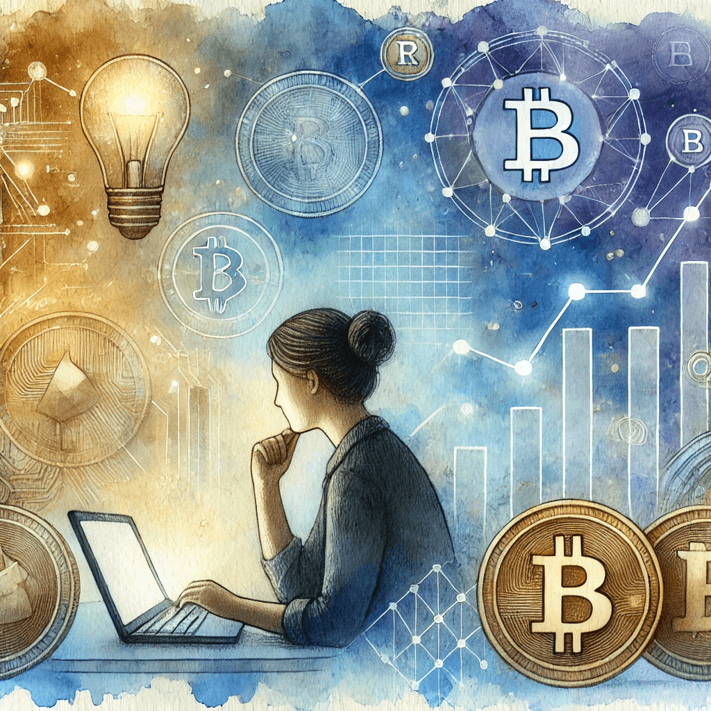 A watercolor painting designed for an article titled 'Is Cryptocurrency a Good Investment in 2025.' The scene shows a thoughtful investor analyzing digital currency charts on a laptop or tablet.