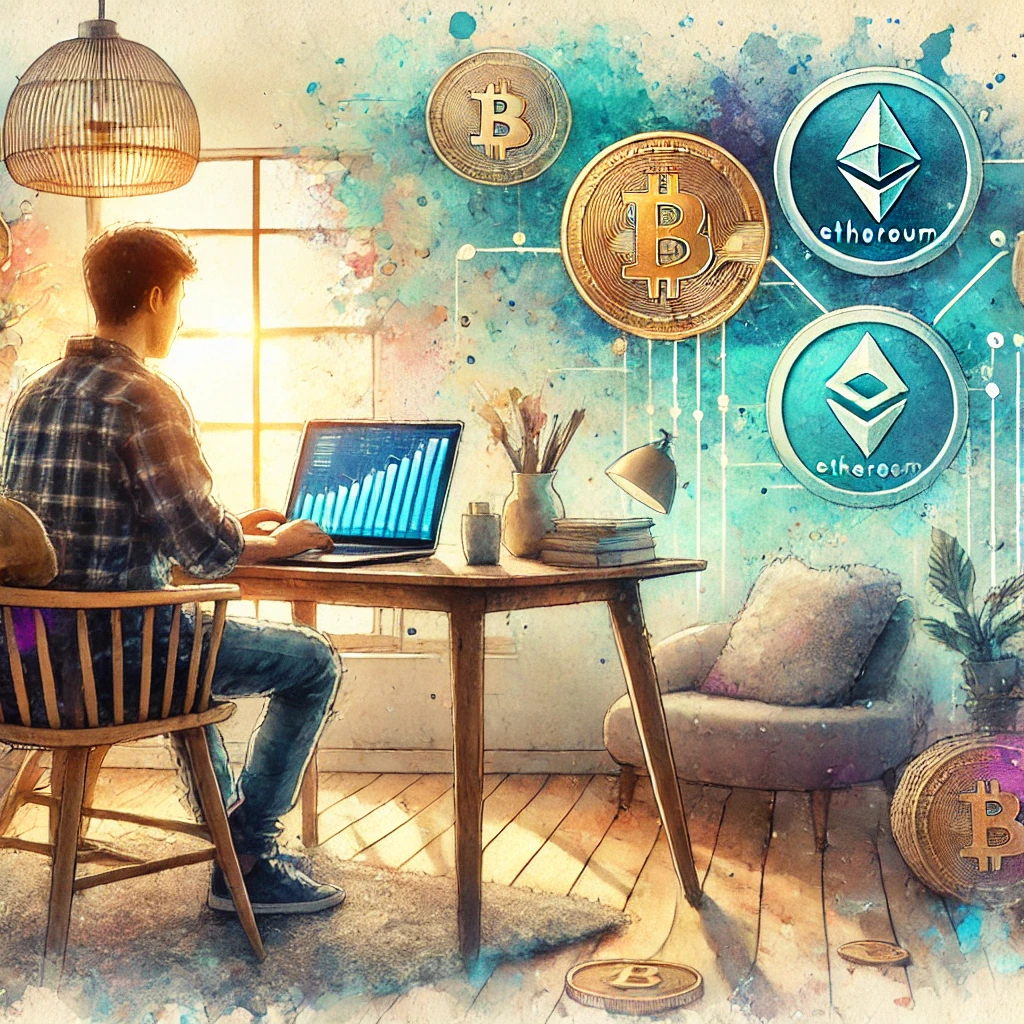 A man sitting on his sit investing in cryptocurrency