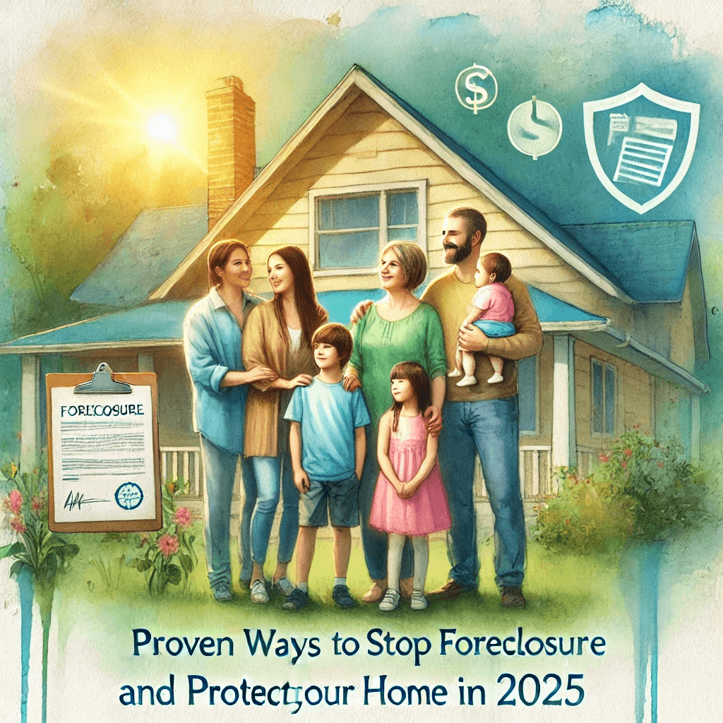 Proven ways to Stop Foreclosure and protect it in 2025 A hopeful watercolor-style painting illustrating the concept of stopping foreclosure and protecting a home in 2025. The scene shows a diverse family standing together in front of their house, smiling with relief and confidence. The home appears safe and secure, surrounded by soft watercolor tones of blue, green, and warm sunlight gold.
