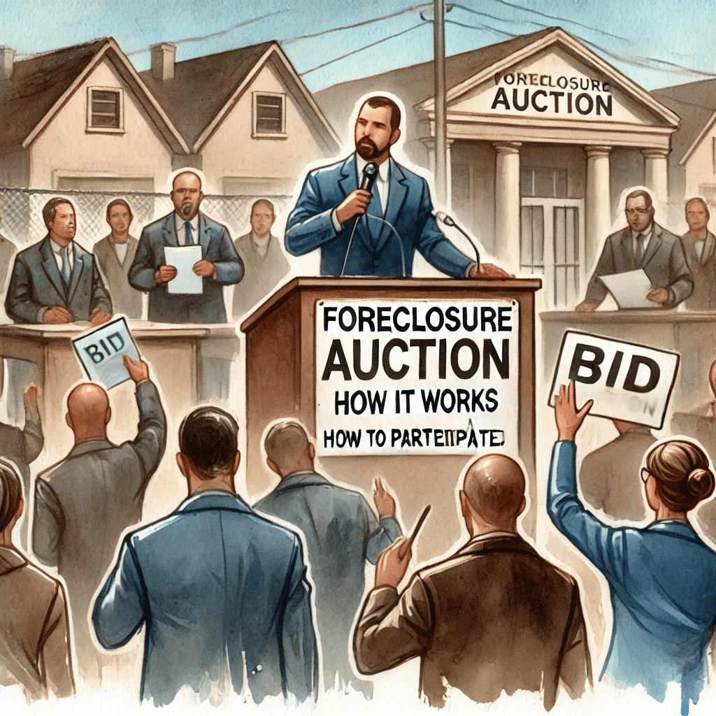 The scene shows an outdoor or courthouse setting where people are attending a foreclosure auction.