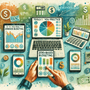 A creative watercolor painting designed for a subheading titled 'Tools to Help You Practice Zero-Based Budgeting.