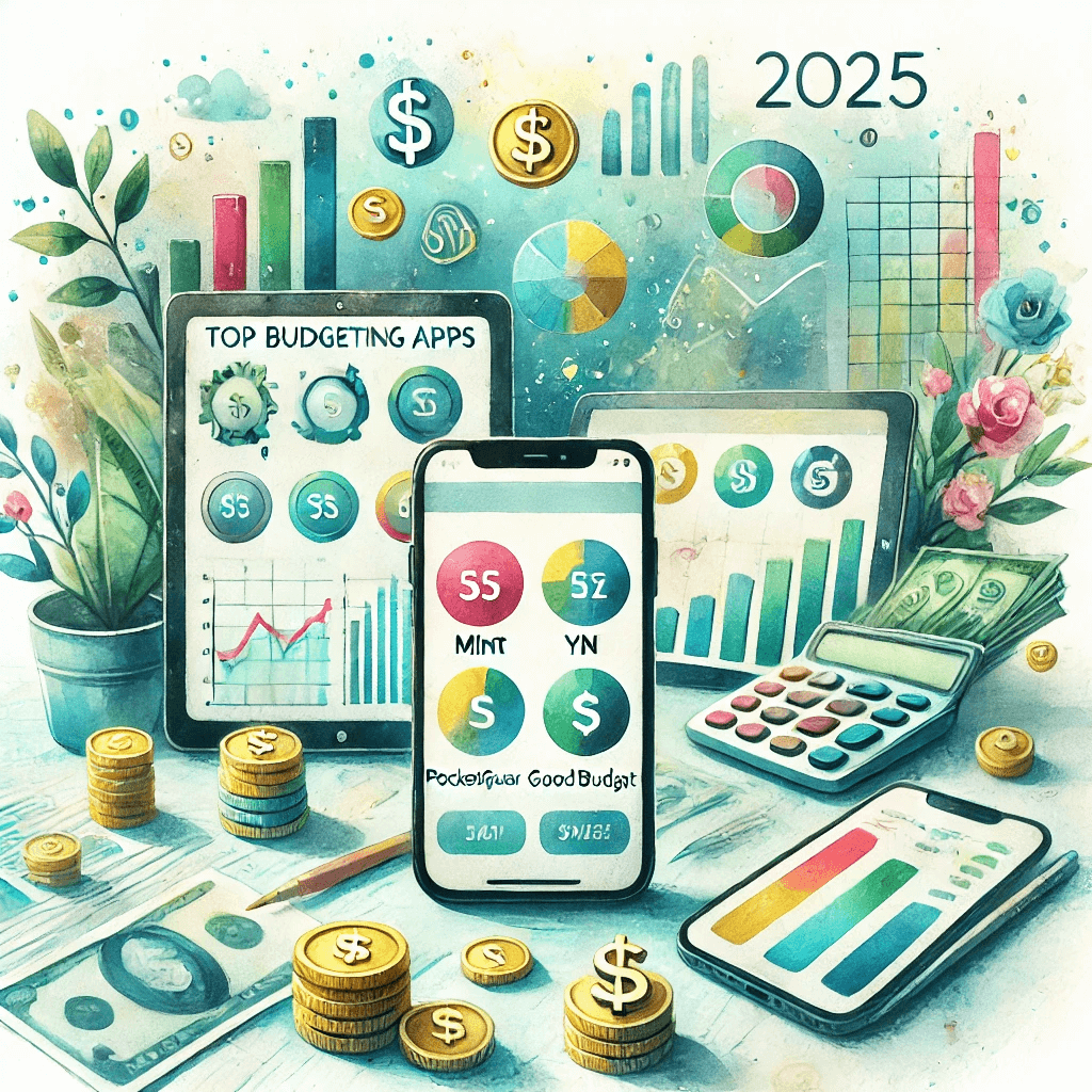 it shows a smartphone and a tablet on a desk, displaying colorful financial dashboards and budgeting charts inspired by apps like Mint, YNAB, PocketGuard, Goodbudget, and Monarch Money