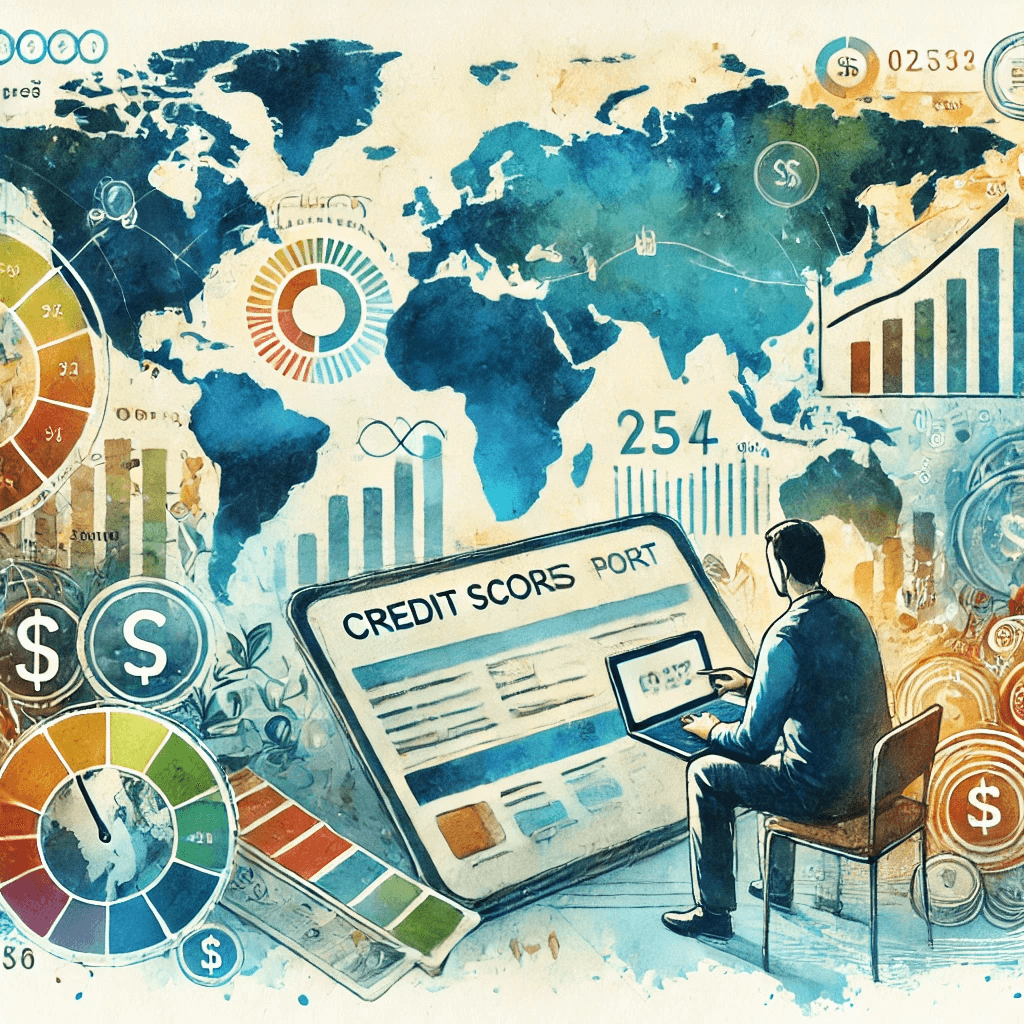 A creative watercolor painting designed for an article titled 'Understanding Credit Scores Worldwide: How They Impact You.' The scene shows a person reviewing a colorful credit report on a laptop or tablet, surrounded by global financial symbols — world map outlines, currency signs, and score meters.
