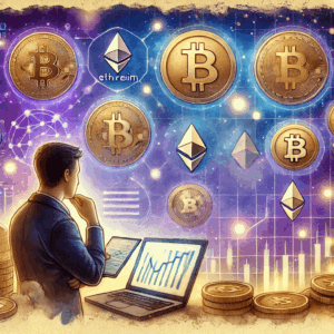 A watercolor painting for a subheading titled 'Which Is the Best Coin to Invest Right Now?' The scene shows a person thoughtfully comparing different digital coins on a laptop or smartphone screen. 