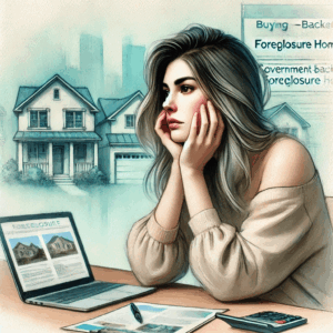 A watercolor painting of a woman thinking deeply with her hands on her head, wondering about the benefits of buying government-backed foreclosure homes.