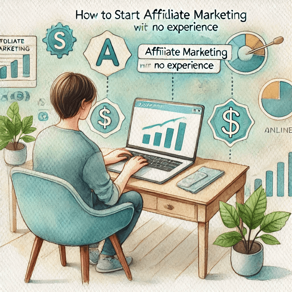 A watercolor painting of a person browsing the internet to learn how to start affiliate marketing with no experience.