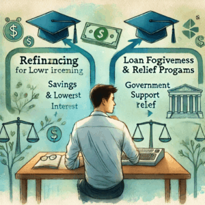 A thoughtful and professional watercolor-style painting for a subtopic titled 'How Refinancing Affects Loan Forgiveness and Relief Programs'. The image shows a student or young professional at a desk with two branching paths illustrated in watercolor — one labeled 'Refinancing' leading to savings and lower interest, and another labeled 'Forgiveness Programs' leading to government support and relief.