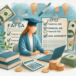 A professional and friendly watercolor-style painting for an article titled 'How to Apply for Student Loans in 2025 (Step-by-Step Guide)'. The image shows a student sitting at a desk with a laptop, filling out financial forms, surrounded by documents labeled 'FAFSA', 'Financial Aid', and 'Loan Agreement'. 