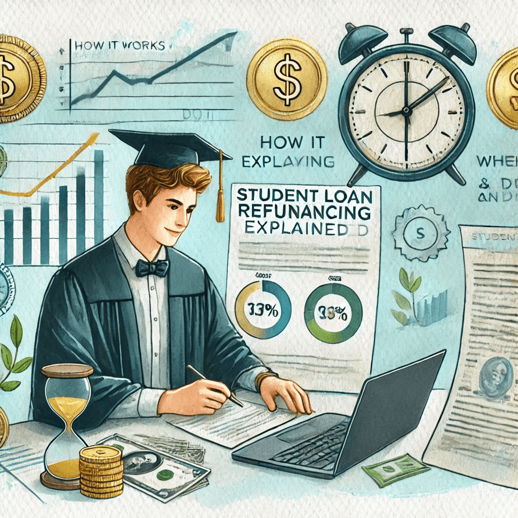 A professional and approachable watercolor-style painting for an article titled 'Student Loan Refinancing Explained: How It Works and When to Do It'. The image shows a young graduate sitting at a desk reviewing loan documents and charts, with a laptop open displaying financial graphs.