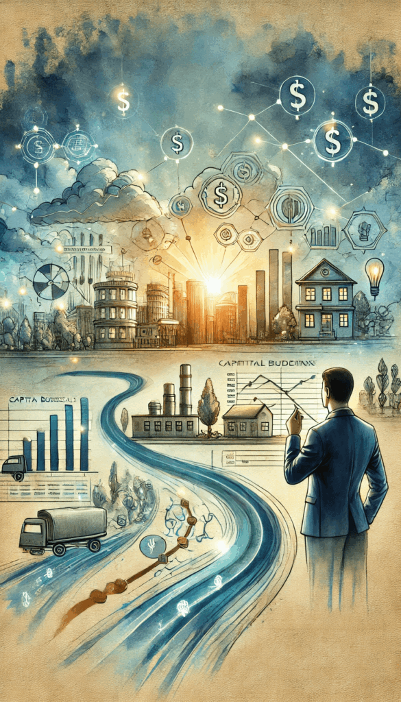 A detailed watercolor-style painting representing the topic "Capital Budgeting Explained: Meaning, Techniques, and Best Methods for Investing." The scene combines symbolic financial elements with a soft, artistic watercolor aesthetic. In the foreground, a professional analyst reviews charts and bar graphs painted in gentle blues and greens. A glowing watercolor flow of money paths leads toward various investment icons such as buildings, equipment, and a small factory, representing capital projects. The background features warm light suggesting clarity in decision‑making. Brushstrokes are fluid and soft, blending financial symbolism with an approachable, educational tone suited for a professional article.