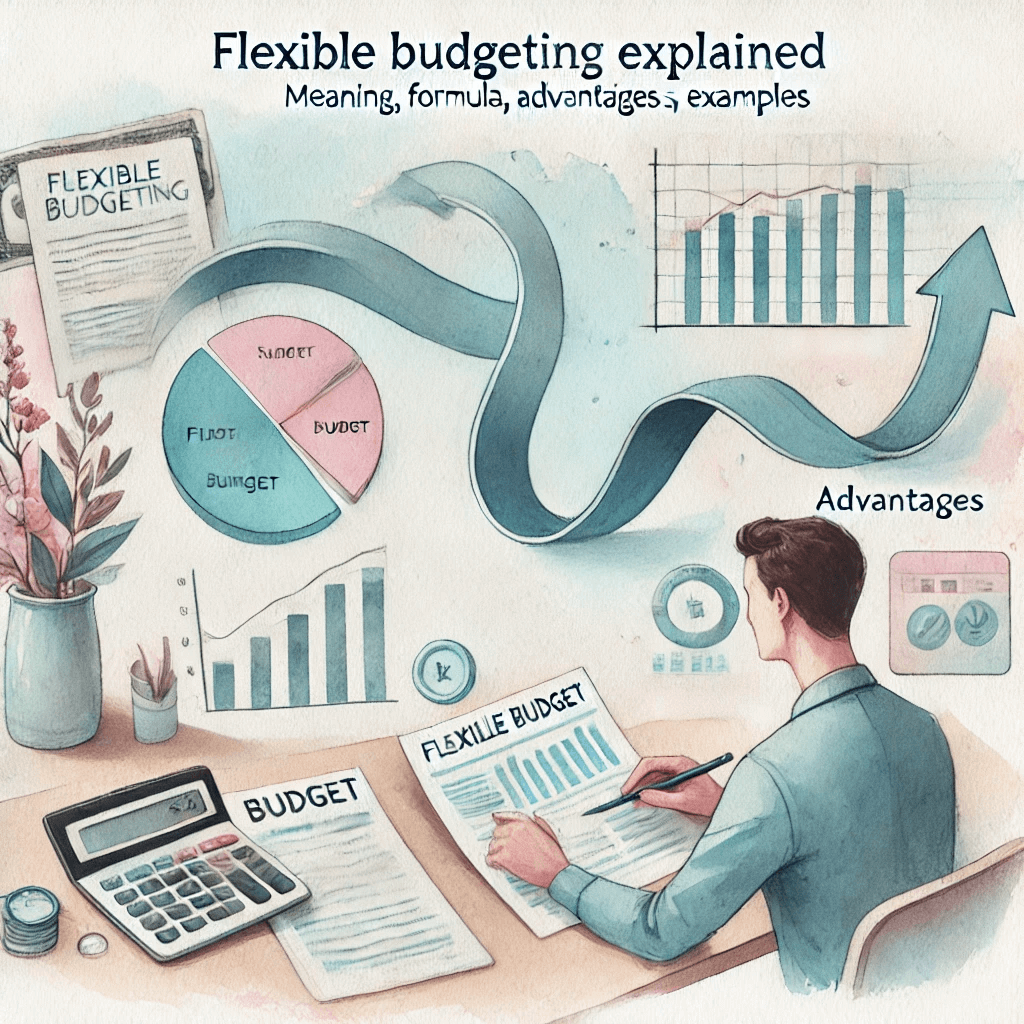 A watercolor-style illustration for an article titled "Flexible Budgeting Explained: Meaning, Formula, Advantages, and Examples." Show a calm, professional scene with soft pastel colors. Depict a desk with financial papers, a flexible curved budget chart, a calculator, and gentle flowing lines representing adaptable spending. Include a person reviewing a budget with movable slider-like elements to symbolize adjustment. Style should be clean, modern watercolor with light textures, conveying clarity, financial planning, and flexibility.