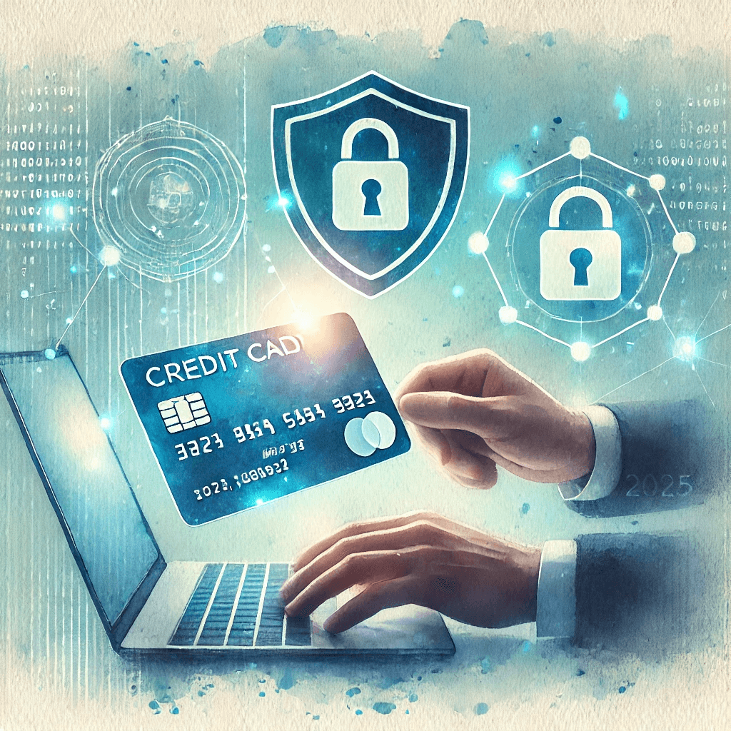 A soft watercolor-style painting illustrating the concept of protecting yourself from credit card theft in 2025. The scene shows a person holding a credit card safely near a laptop or smartphone, with a glowing digital shield symbol and secure lock icons around them.