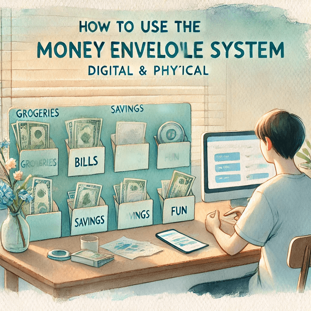 A soft watercolor-style painting illustrating the concept of using the Money Envelope System, both digital and physical. The image shows a person sitting at a desk managing their finances, with physical cash envelopes labeled 'Groceries', 'Bills', 'Savings', and 'Fun', alongside a smartphone screen displaying a digital budgeting app.