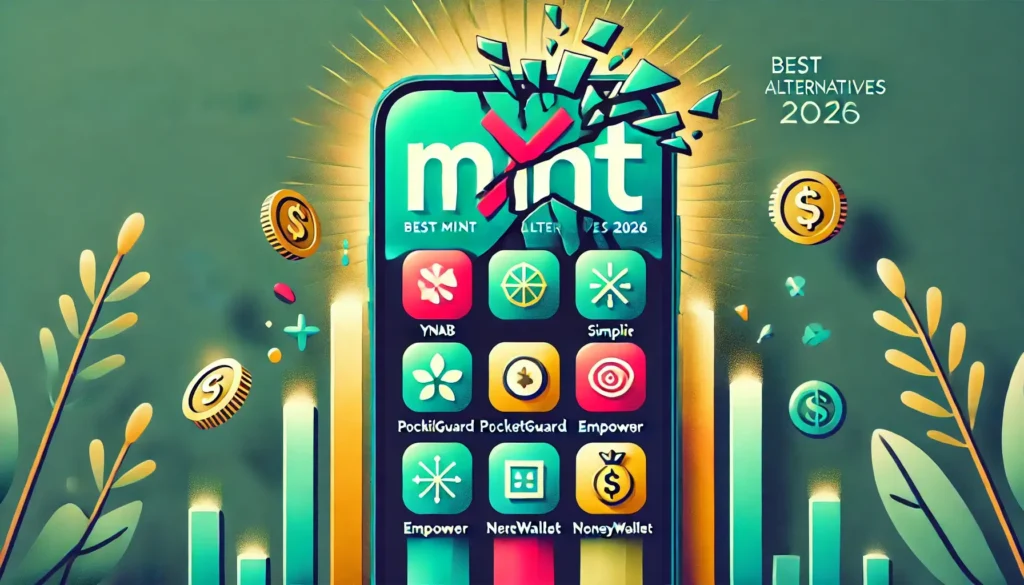 "Best Mint Alternatives in 2026: Top Budgeting Apps for Personal Finance" article - vibrant split design showing cracking Mint logo transitioning to colorful app icons like YNAB and PocketGuard