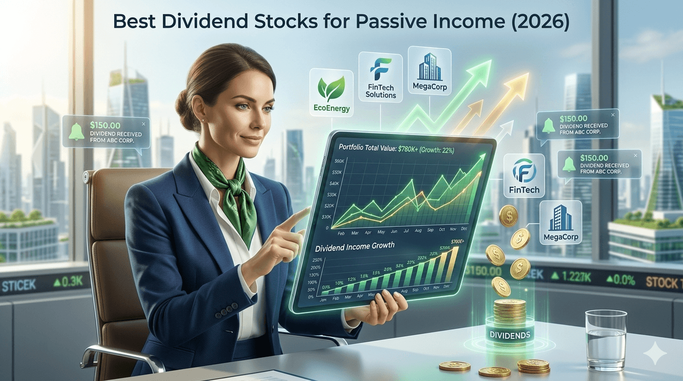 Create a high-quality, modern financial illustration showing passive income from dividend investing. The scene should feature a confident investor reviewing a digital tablet displaying rising stock charts, dividend income graphs, and portfolio growth. Around the investor, include visual elements like company logos (generic, not copyrighted), coins labeled “dividends,” and upward trending financial arrows. In the background, show a futuristic city skyline symbolizing long-term wealth growth and financial freedom. Add subtle financial symbols such as percentage signs, stock tickers, and income notifications appearing on a holographic screen. The mood should be optimistic, professional, and motivational, representing long-term investing success. Style: ultra-realistic digital art, clean corporate finance aesthetic, soft lighting, high detail, 4K resolution, depth of field, modern fintech design. Text overlay (optional): “Best Dividend Stocks for Passive Income (2026)” Color theme: blue, green, and gold (representing finance, growth, and wealth).