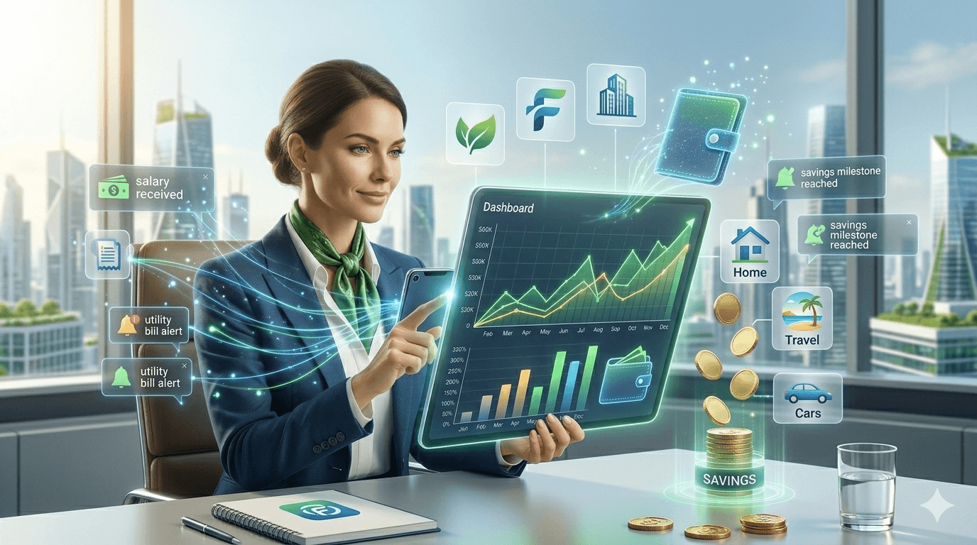 Budgeting apps A high-quality, ultra-realistic digital illustration of a professional woman in a corporate blue blazer and green scarf, managing her personal finances in a futuristic 2026 office. She holds a sleek smartphone while interacting with a large, glowing holographic tablet that displays a "Dashboard" with rising financial bar charts and line graphs. ​Floating around the workspace are various digital fintech icons and notifications, including "salary received," "utility bill alert," and "savings milestone reached." Categorized saving goals for "Home," "Travel," and "Cars" appear as floating buttons alongside a glowing digital wallet. Gold coins are seen stacking up on the desk, merging with a digital "SAVINGS" cylinder. The background features a bright, clean, minimal room with a large window overlooking a blurred, futuristic city skyline. The overall color scheme is dominated by professional blues, vibrant greens, and gold, representing wealth and growth.