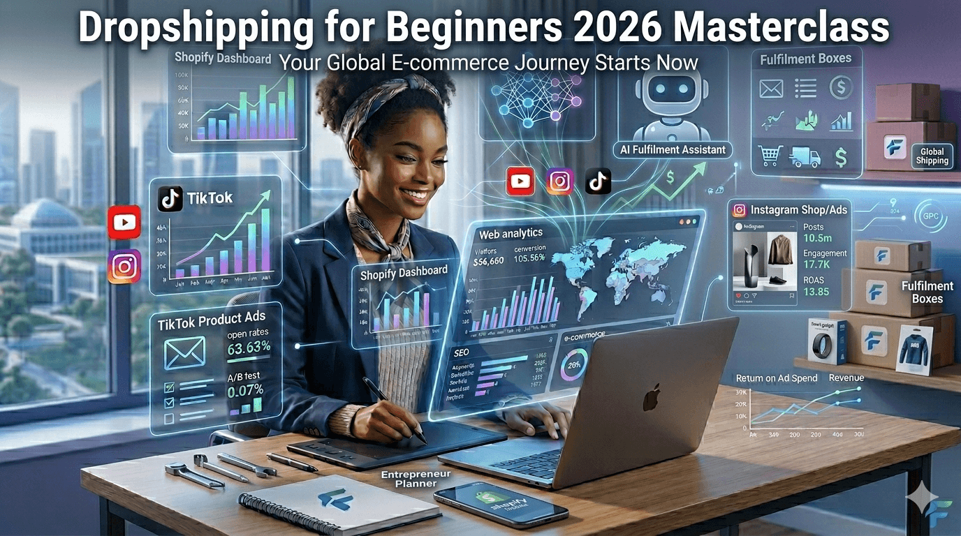 Dropshipping for Beginners 2026 masterclass showing entrepreneur managing Shopify store with digital ecommerce dashboards and online business tools