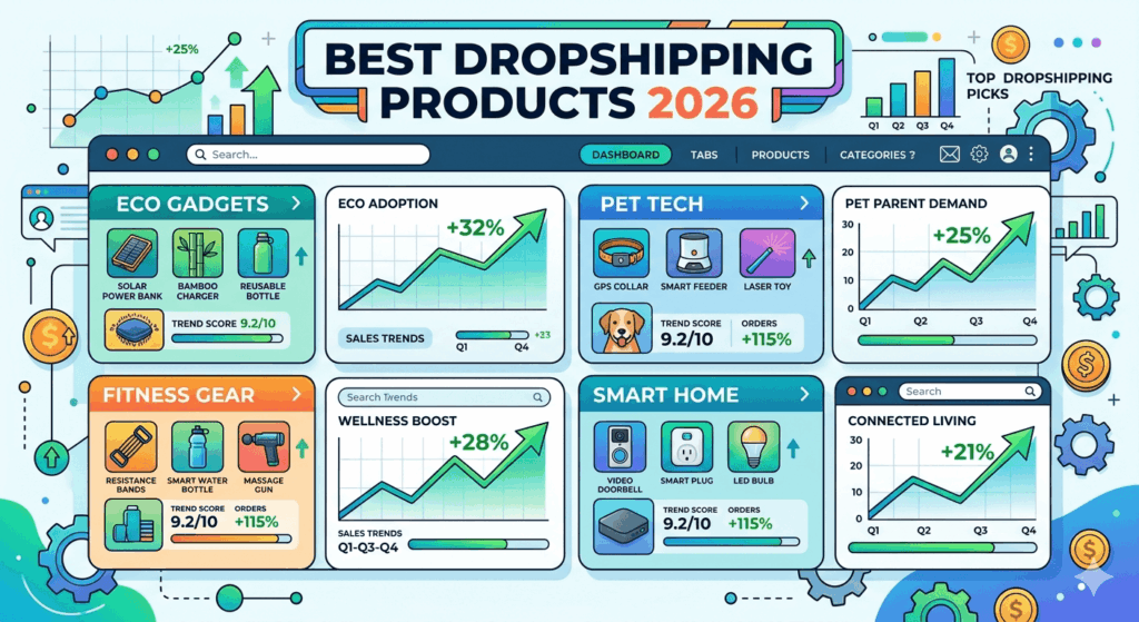 Best dropshipping products 2026 including eco gadgets, pet tech, fitness gear, and trending ecommerce items for beginners