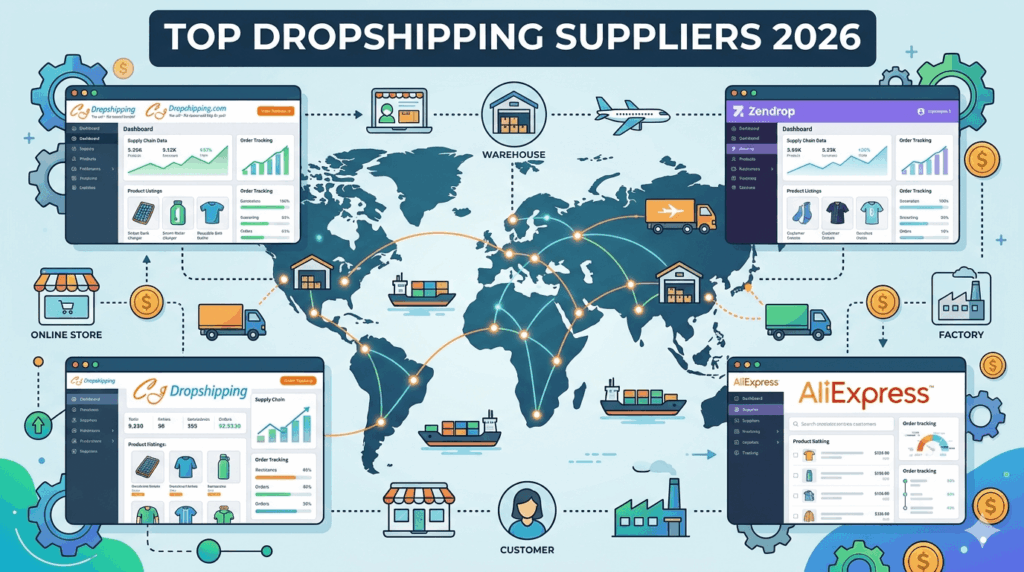 Top dropshipping suppliers 2026 including CJ Dropshipping, Zendrop, and AliExpress connected through global shipping network and logistics system