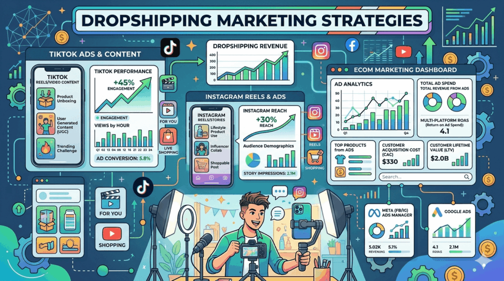 Dropshipping marketing strategies 2026 showing TikTok ads, Instagram reels, and digital marketing analytics for ecommerce growth