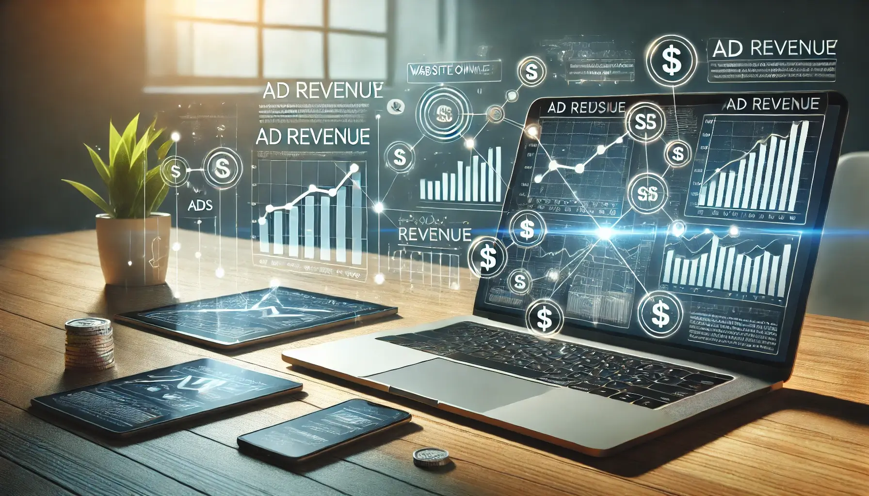 5 Top adx platforms “Website owner analyzing ad revenue on laptop with multiple dashboards, graphs, and monetization icons in a modern digital workspace”
