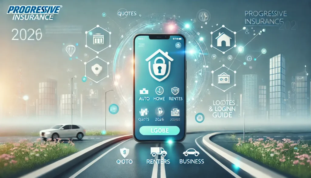 Progressive Insurance 2026 mobile app dashboard showing auto, home, renters, and business coverage with quotes and login features