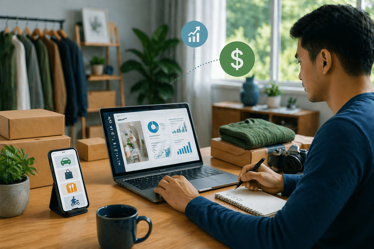 Young professional working from home managing multiple side hustles ideas on laptop and smartphone, with packages for online selling, clean workspace, natural lighting, and financial growth icons representing income streams and productivity