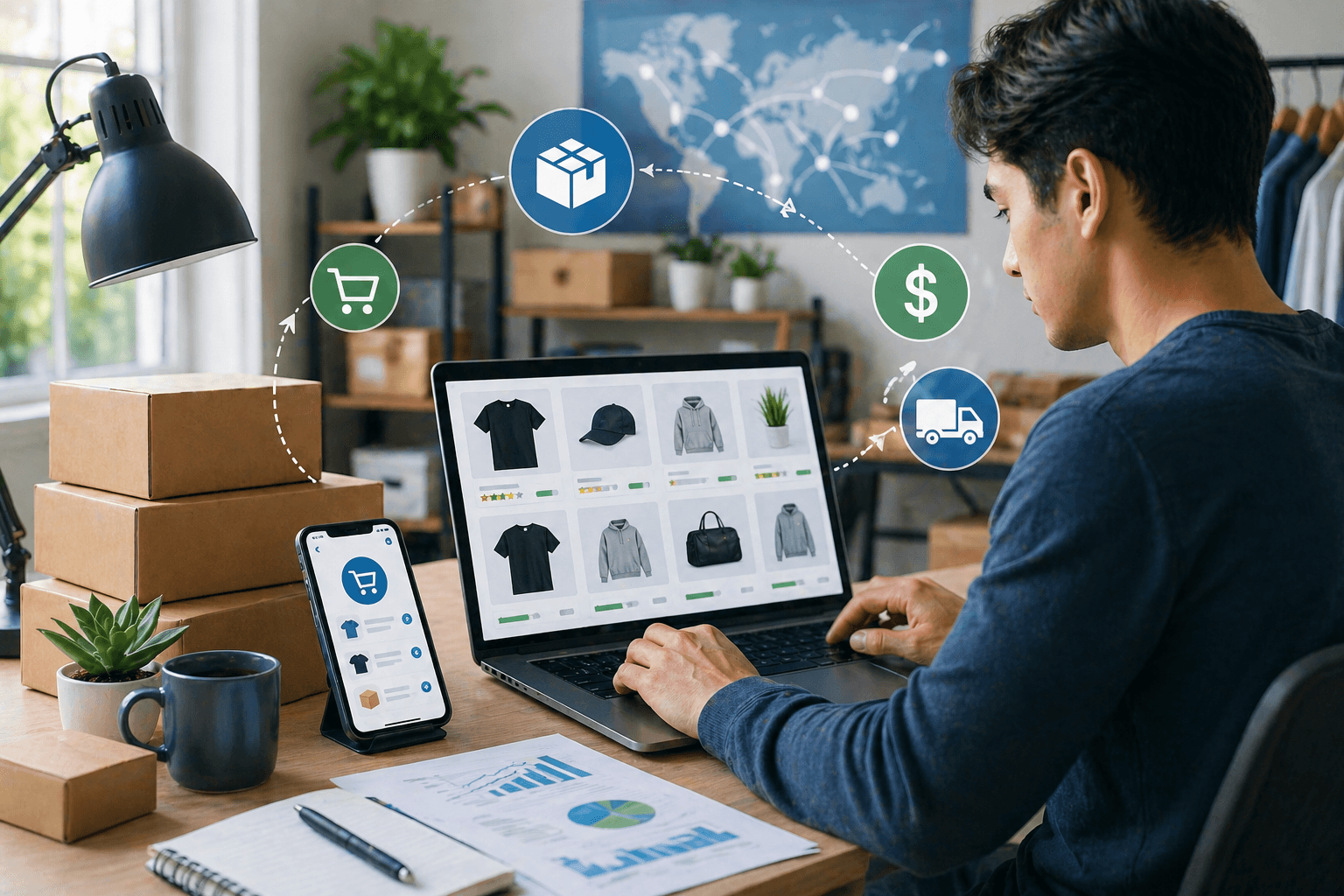 “Young entrepreneur working from home to make money dropshipping, managing an online store on a laptop with product listings, shipping boxes, and e-commerce icons representing growth and success”