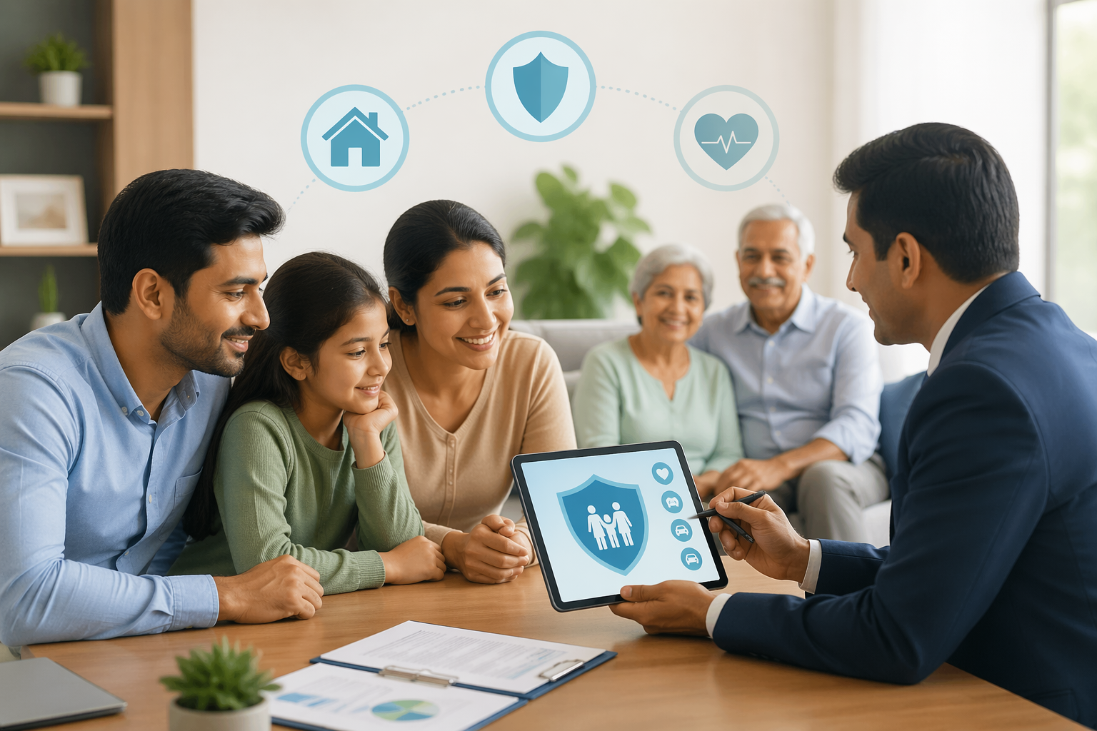 Financial advisor explaining life insurance plans to a family using a tablet, with protection icons (shield, home, heart) and smiling elderly couple in background, representing secure financial planning and future coverage