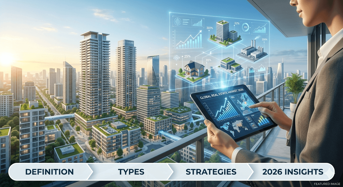 Real Estate Investing 101: Definition, Types, and Strategy Guide (2026) A comparison grid of real estate investing property types in 2026, showing a residential house, a commercial office building, an industrial warehouse, and raw land for development.