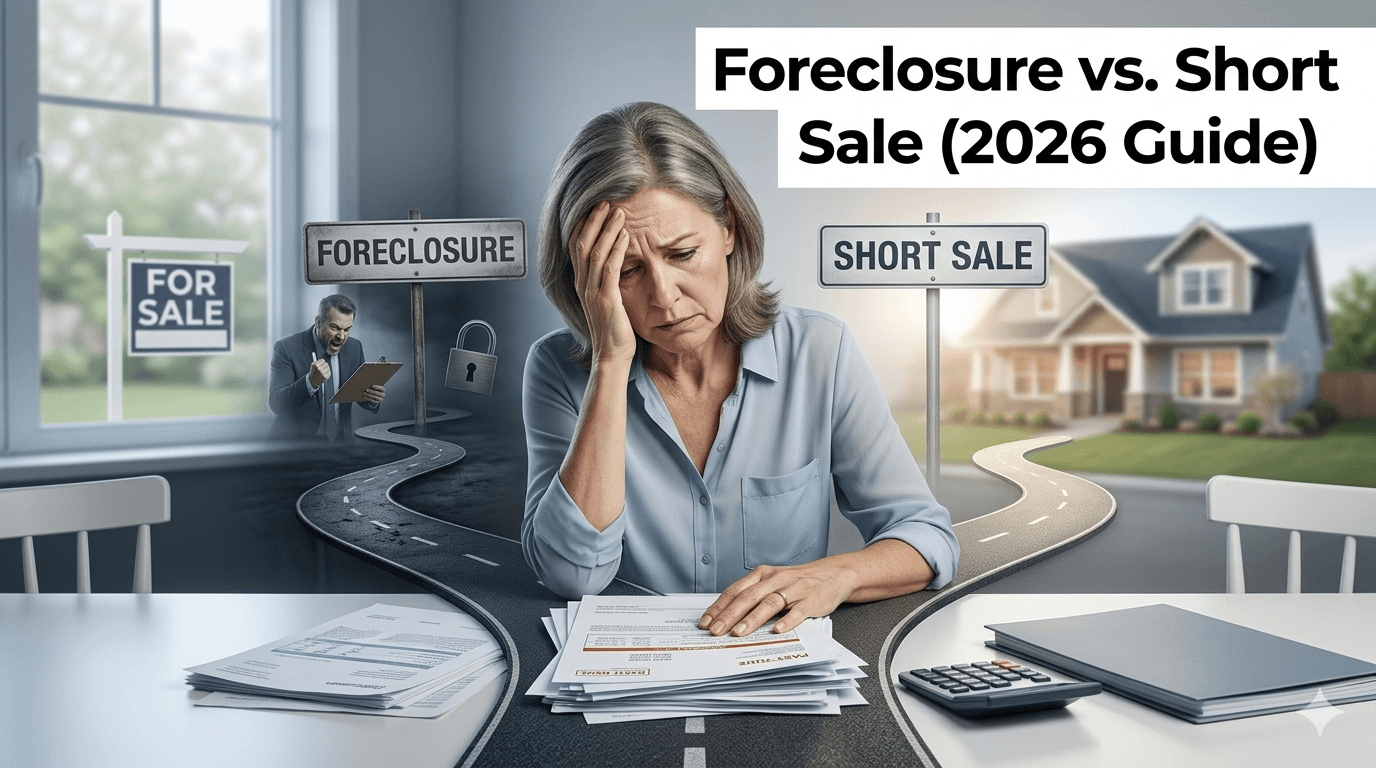 Foreclosure vs. Short Sale: Which Is Better In 2026? A professional comparison graphic of Foreclosure vs. Short Sale featuring a worried homeowner at a desk with financial documents, choosing between two symbolic paths leading to different outcomes.