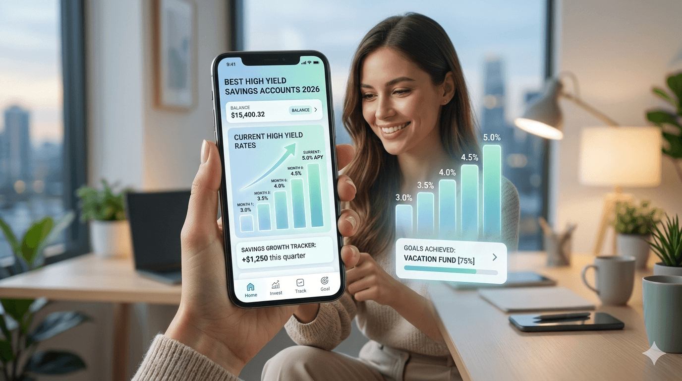 A young professional smiling while viewing a high-yield savings account dashboard on a smartphone, showing rising APY rates from 3% to 5% with a glowing growth graph and text overlay "Best High Yield Savings Accounts 2026."