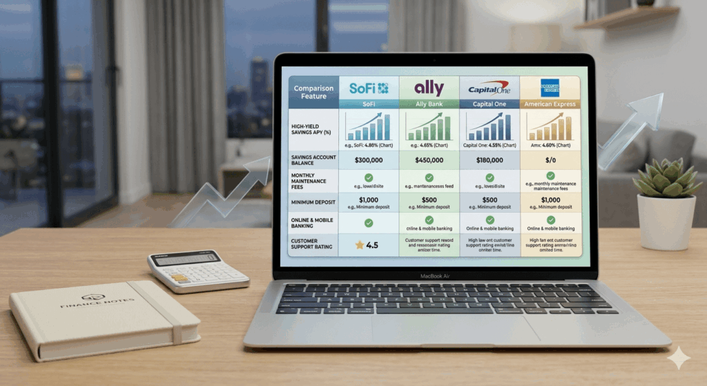 A modern workspace featuring a laptop screen with a professional infographic table comparing APY rates and features for SoFi, Ally, Capital One, and American Express, with a calculator and notebook nearby.