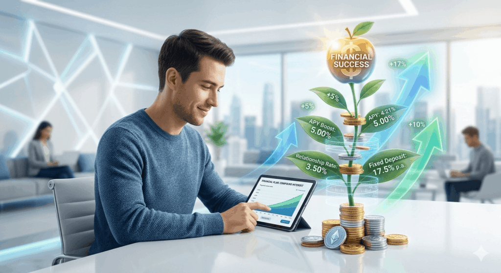 A conceptual financial success image showing a man using a tablet next to a plant growing out of stacked coins, symbolizing compound interest and wealth accumulation with optimistic green and blue lighting.