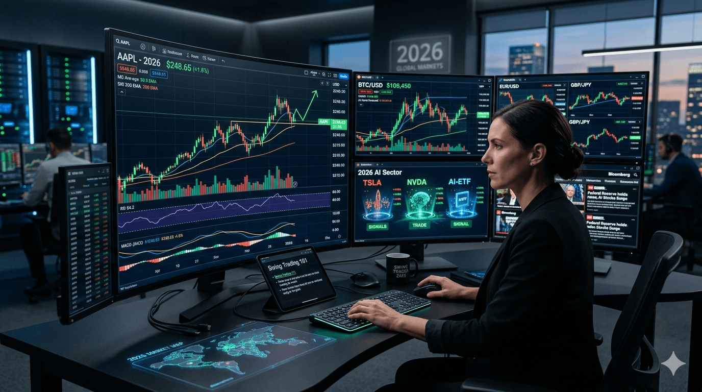 Swing Trading 101: Best Strategies and Stocks for 2026 Professional trader analyzing stock charts and swing trading indicators on multiple screens in 2026.