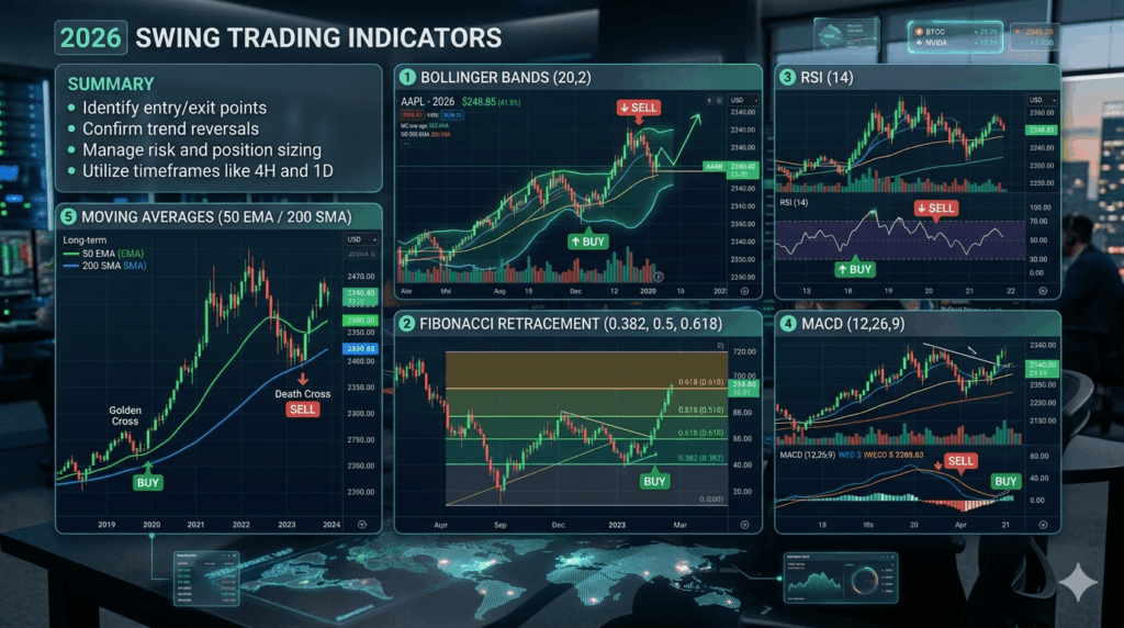 Swing Trading 101: Best Strategies and Stocks for 2026 Technical indicators for swing trading including RSI, MACD, Bollinger Bands, and moving averages on trading charts.