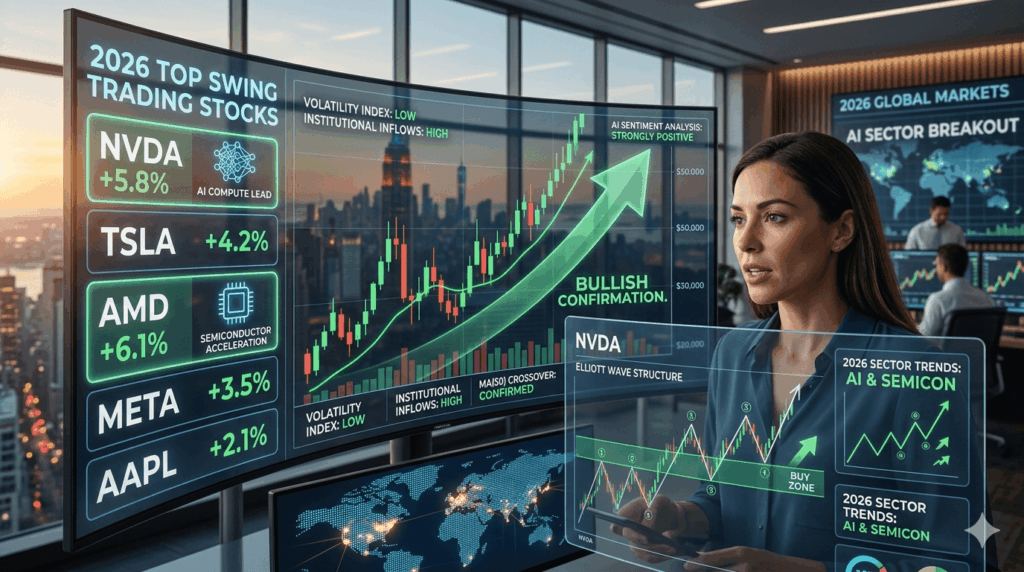Swing Trading 101: Best Strategies and Stocks for 2026 Top swing trading stocks in 2026 displayed on digital stock market screens with bullish price charts.