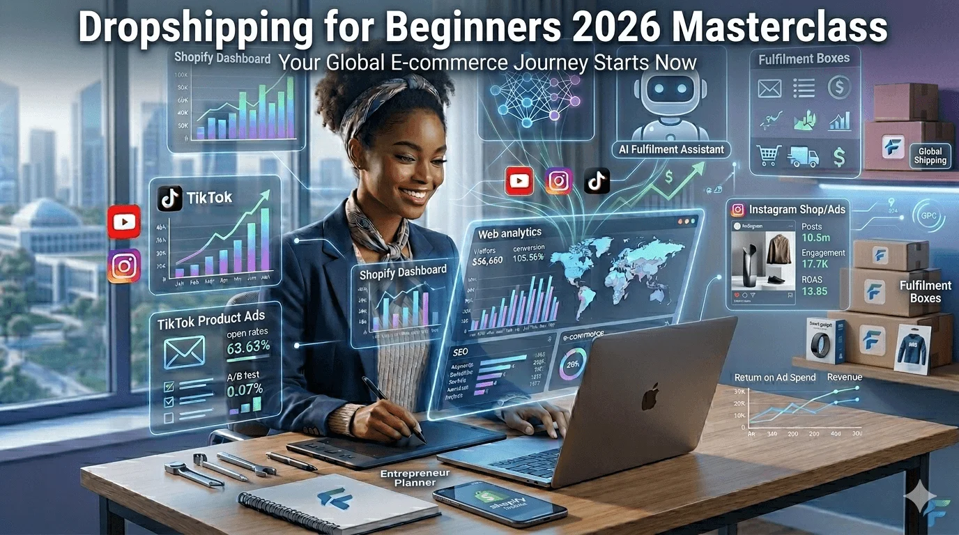 Dropshipping for Beginners 2026 masterclass showing entrepreneur managing Shopify store with digital ecommerce dashboards and online business tools